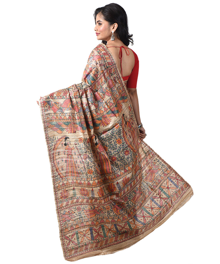 Beige multicolour tussar silk hand painted madhubani saree