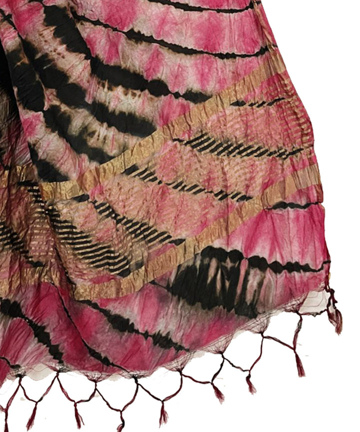 Pink black handwoven tie dye tussar silk stole