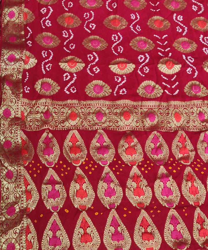 Maroon Handprinted tie dye Bandhani Saree