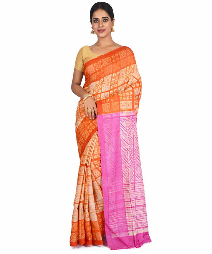 Orange and pink shibori handwoven tussar silk saree