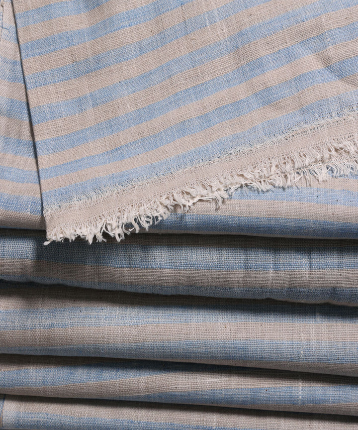 Blue beige handspun handwoven cotton stripe fabric