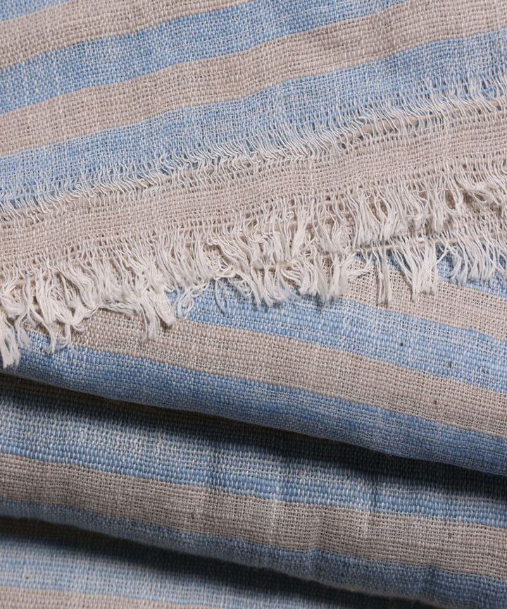 Blue beige handspun handwoven cotton stripe fabric