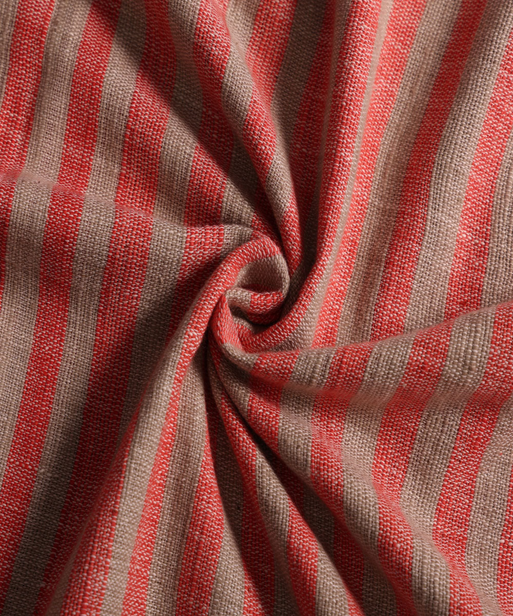 Red beige handspun handwoven cotton stripe fabric