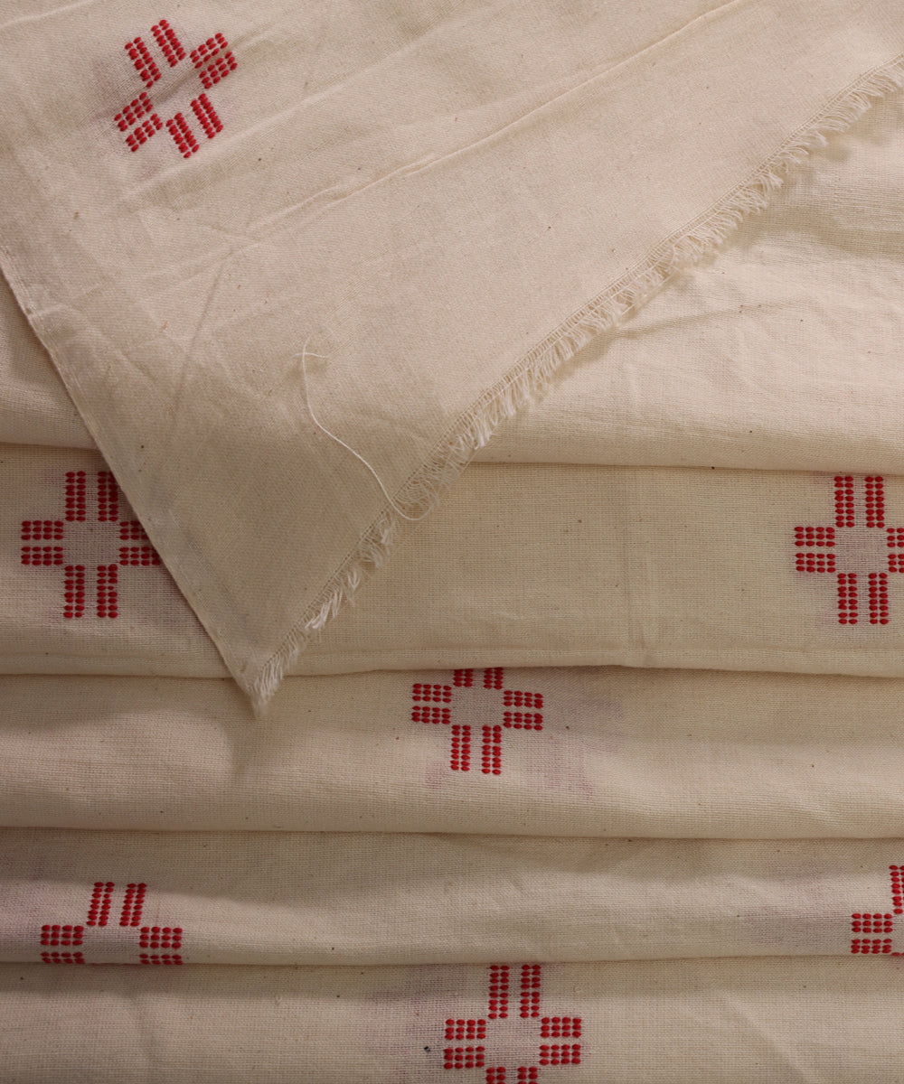 White red handwoven extra weft geometric buti cotton fabric