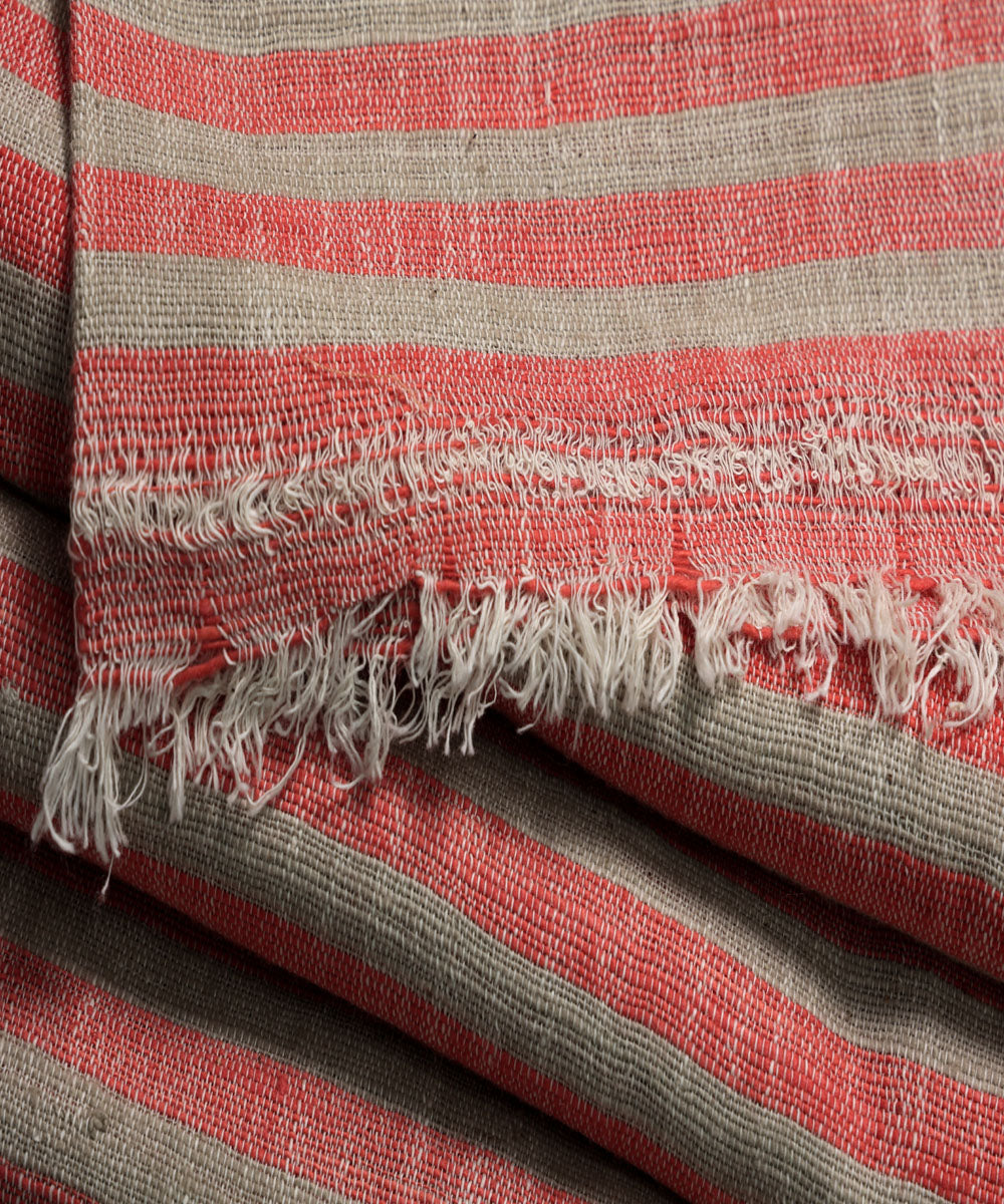 Red beige handspun handwoven cotton stripe fabric
