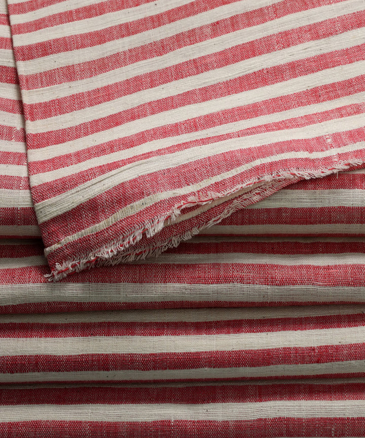 Red white handspun handwoven cotton stripe fabric