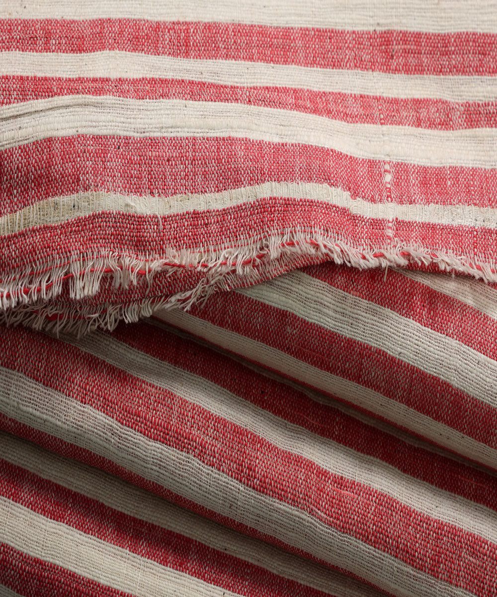 Red white handspun handwoven cotton stripe fabric