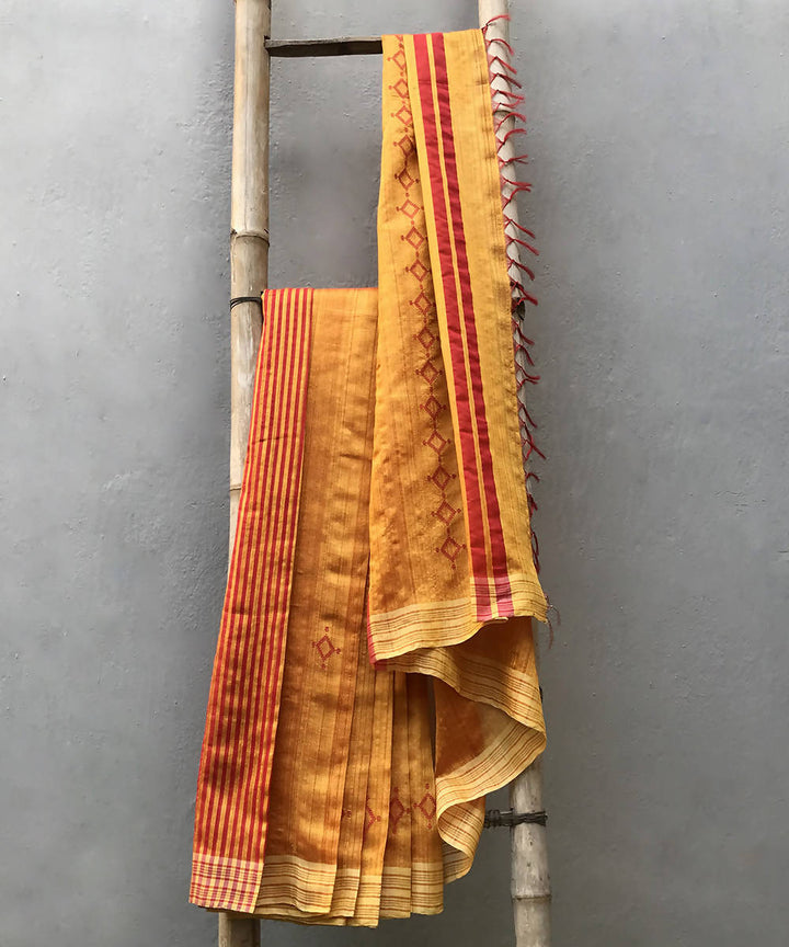 Yellow red handwoven silk baavanbuti saree