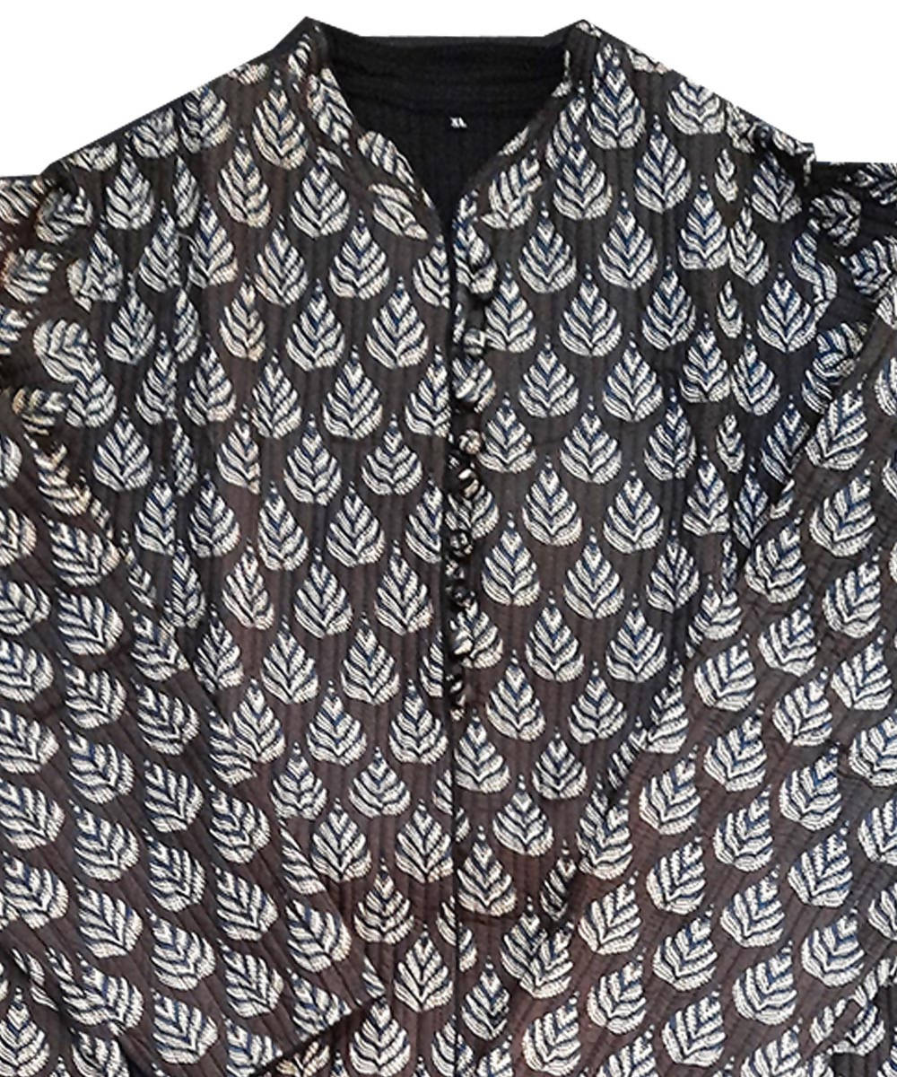 Coffee black handblock printed cotton quilted long jacket