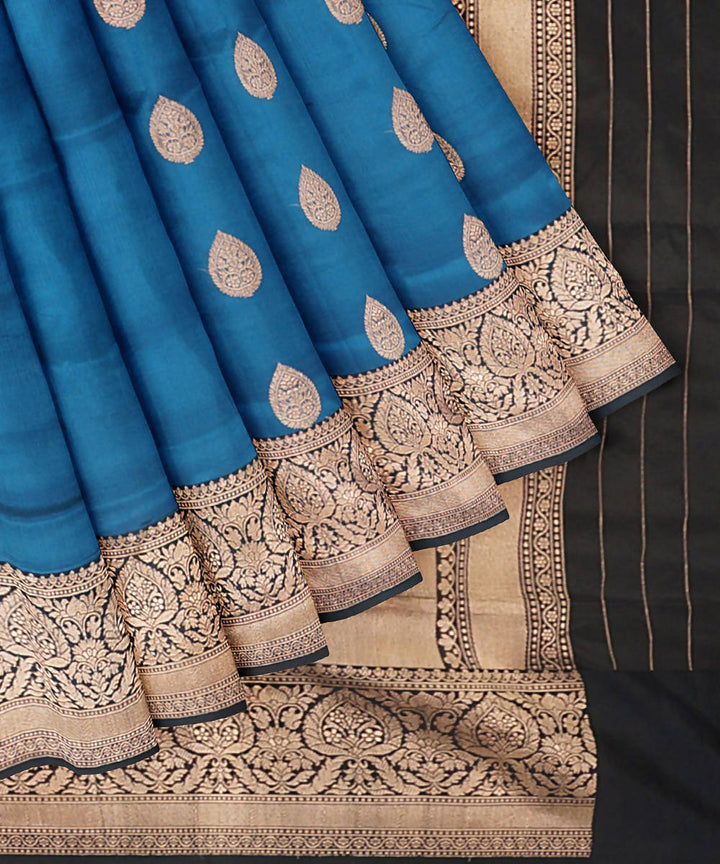 Bright navy blue handwoven silk banarasi saree