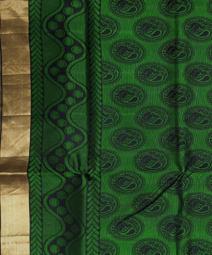 Black with green handloom soft silk peacock motifs saree