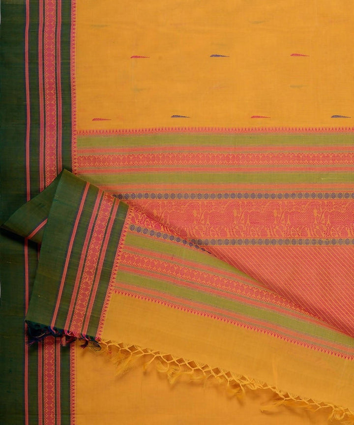 Yellow handloom kanchi cotton saree with mallimoggu butti green border