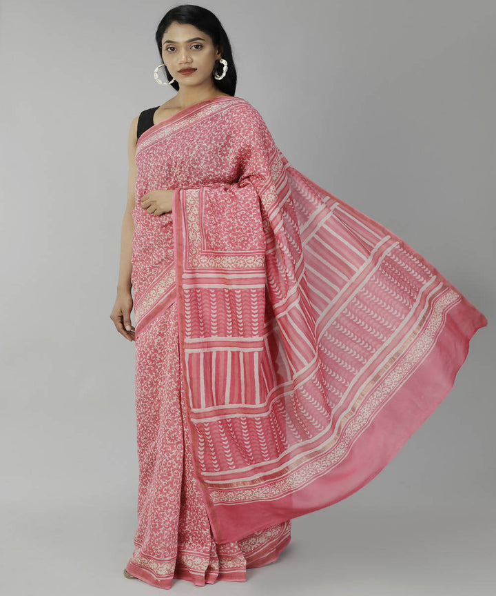 Pink bagru handblock printed cotton silk saree