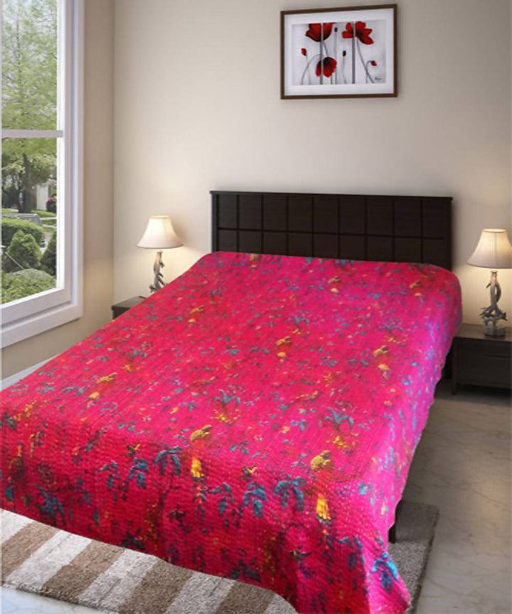 Pink kantha work double layered cotton bedcover (Single Bed)