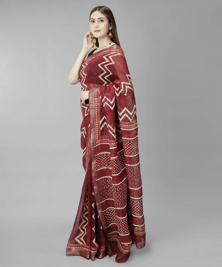 Dark red bagru handblock printed linen saree