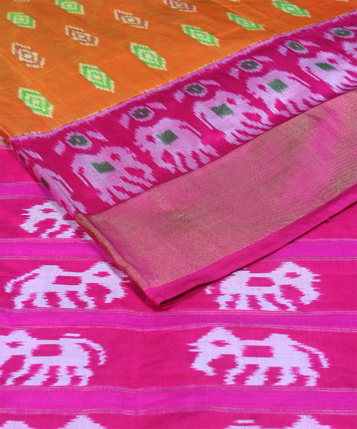Handloom orange pink ikat rajkot silk pochampally saree