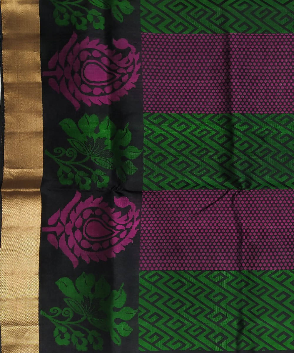 Black with green and purple handloom soft silk saree