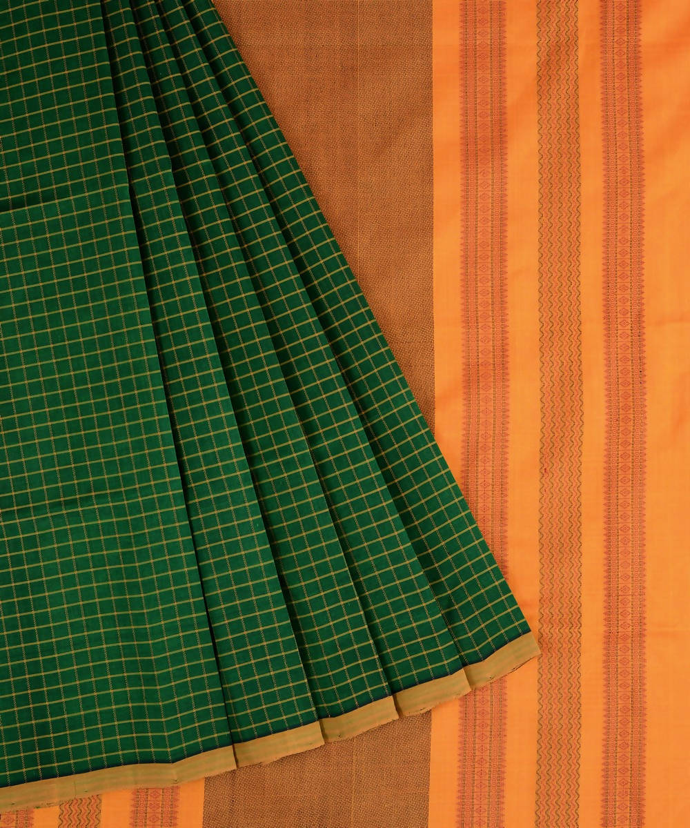 Bottle green kanjivaram silk cotton thread work checks saree