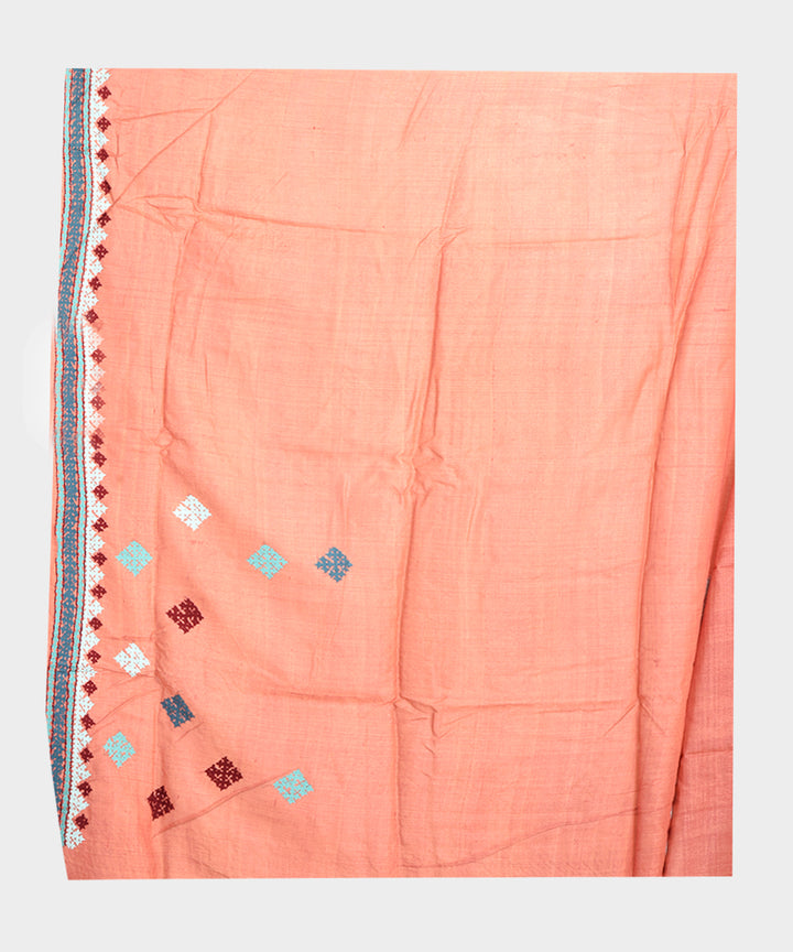 Light orange hand embroidery kantha stitch tussar silk saree