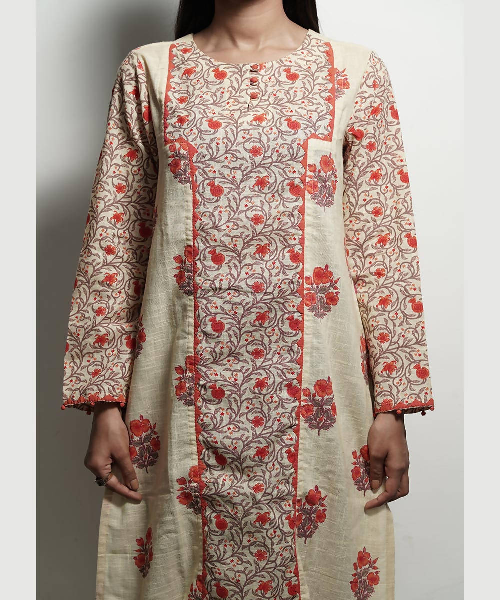 Cream orange full length sleeves and floral printed long cotton kurti
