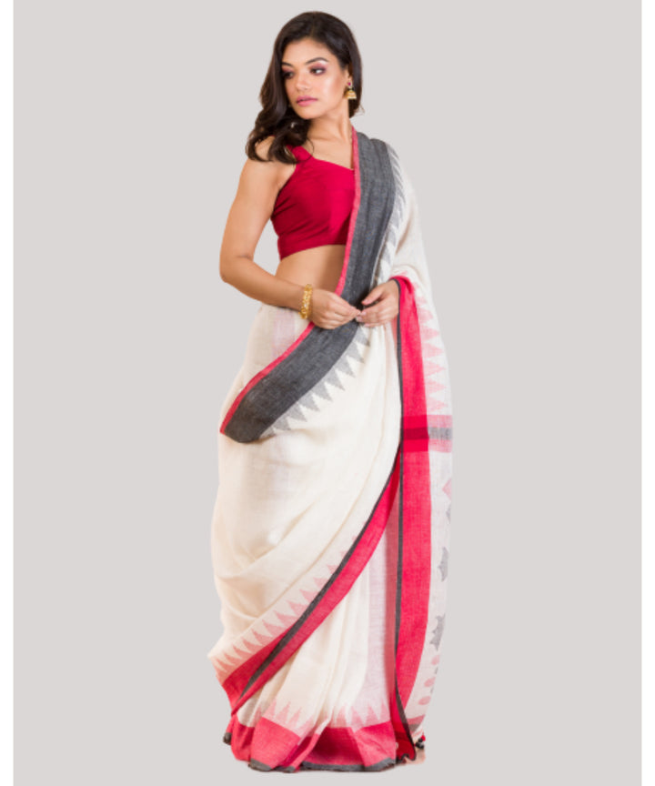 Off white red black handwoven bengal linen jamdani saree