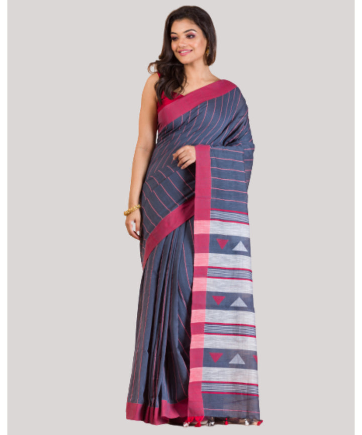 Grey red handloom cotton bengal saree
