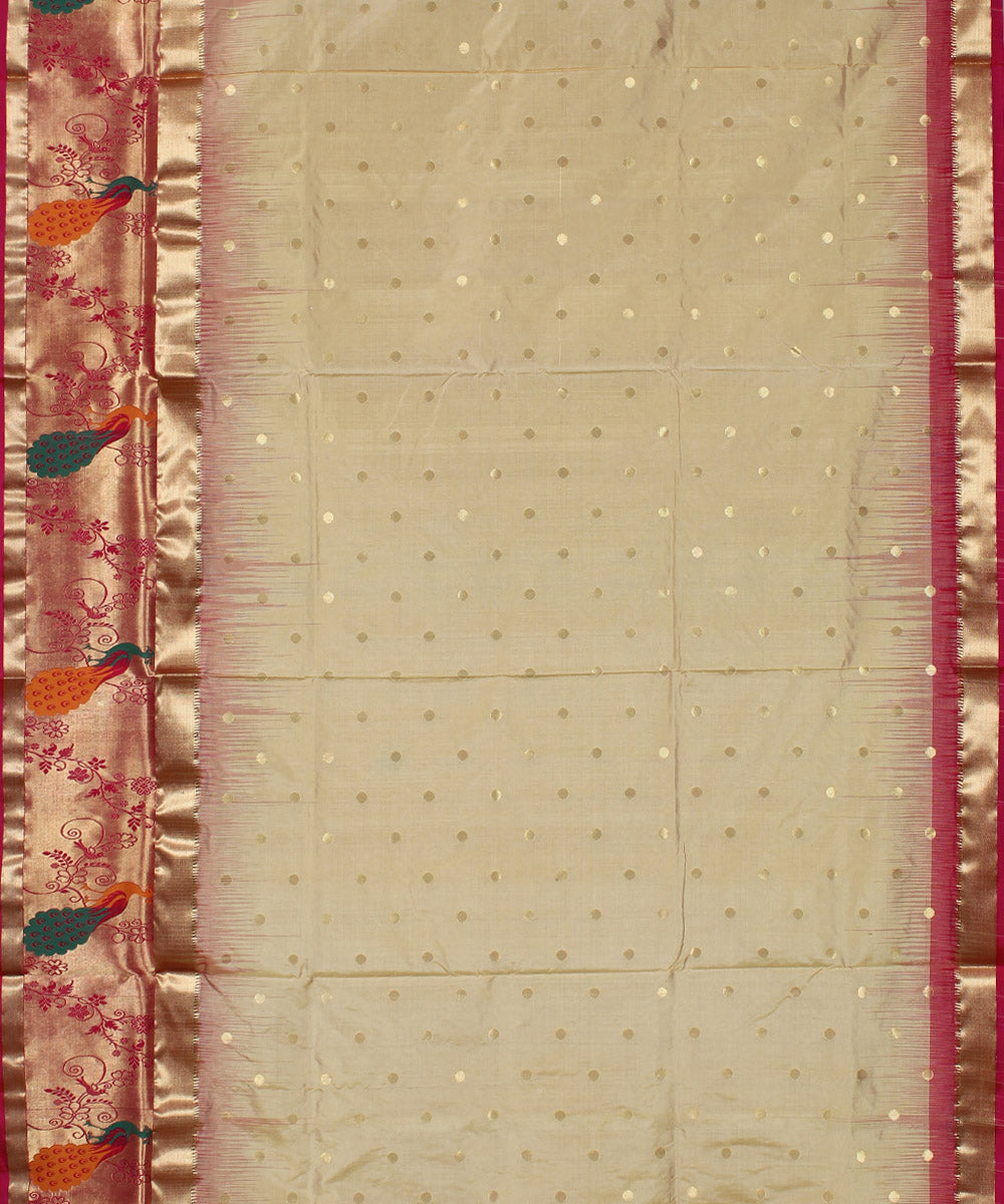 Cream pink handloom Karnataka brocade silk saree
