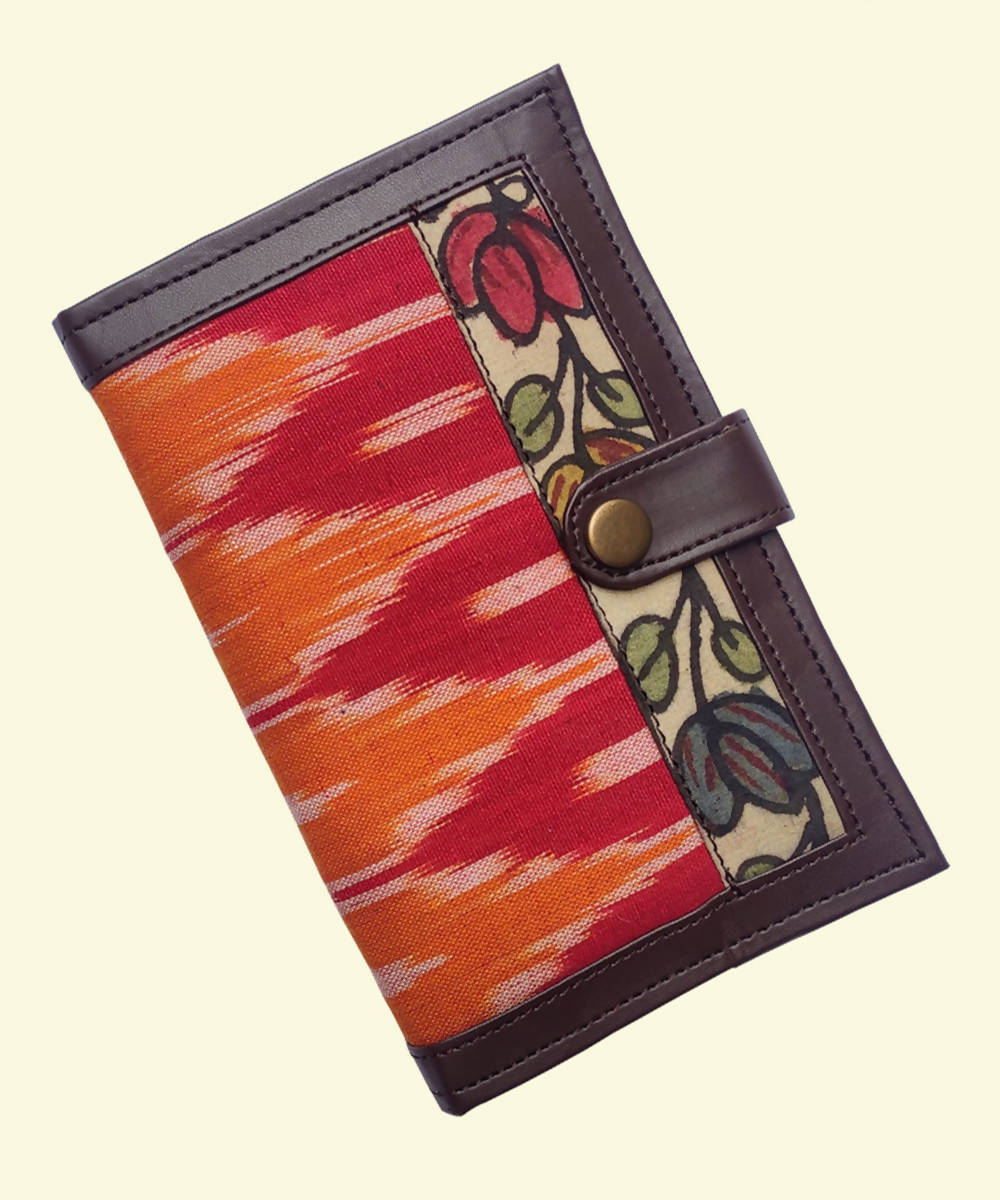 Orange and red Art leather with ikat cotton Kalamkari Wallet