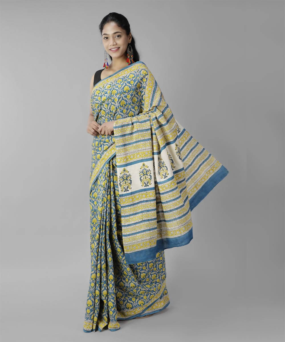 Blue yellow bagru handblock printed cotton saree