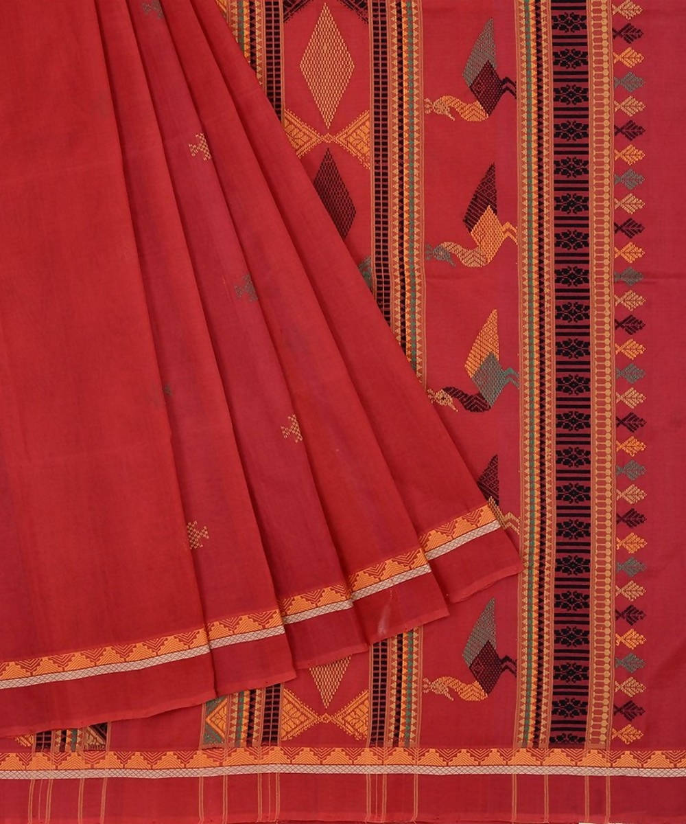 Red kanchi silkcotton saree with thread work bomkai pallu