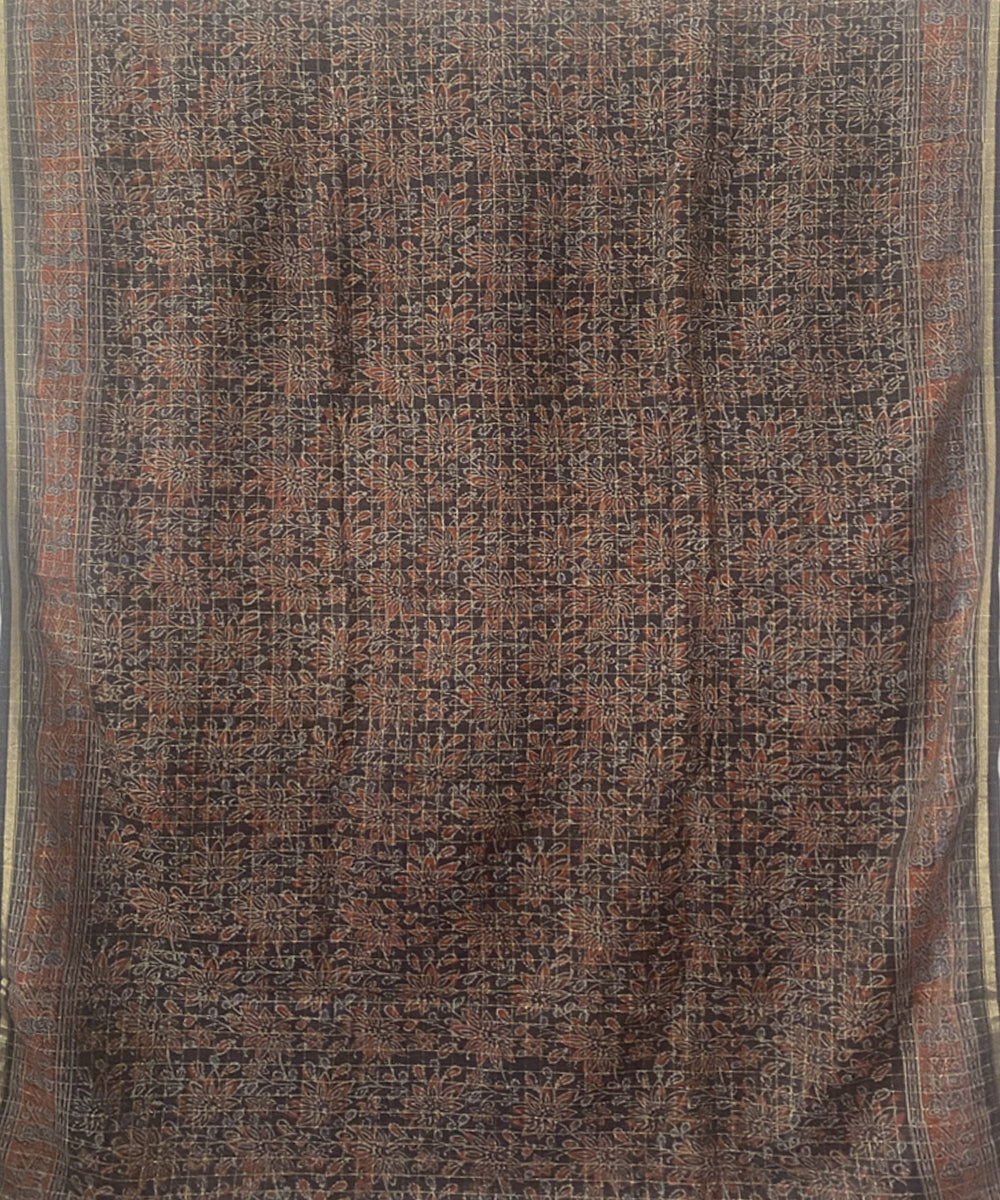 Grey handblock print chanderi cotton silk ajrakh saree