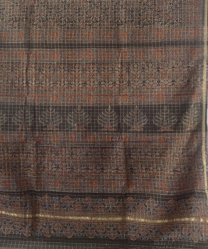 Grey handblock print chanderi cotton silk ajrakh saree