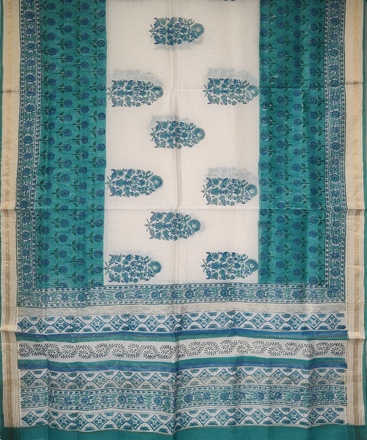 2pc Cyan blue handloom maheshwari block print cotton silk suit set