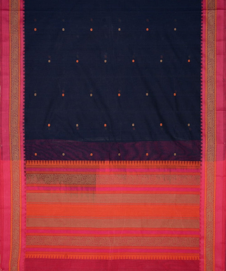 Navy blue pink thread work handwoven cotton kanchi saree