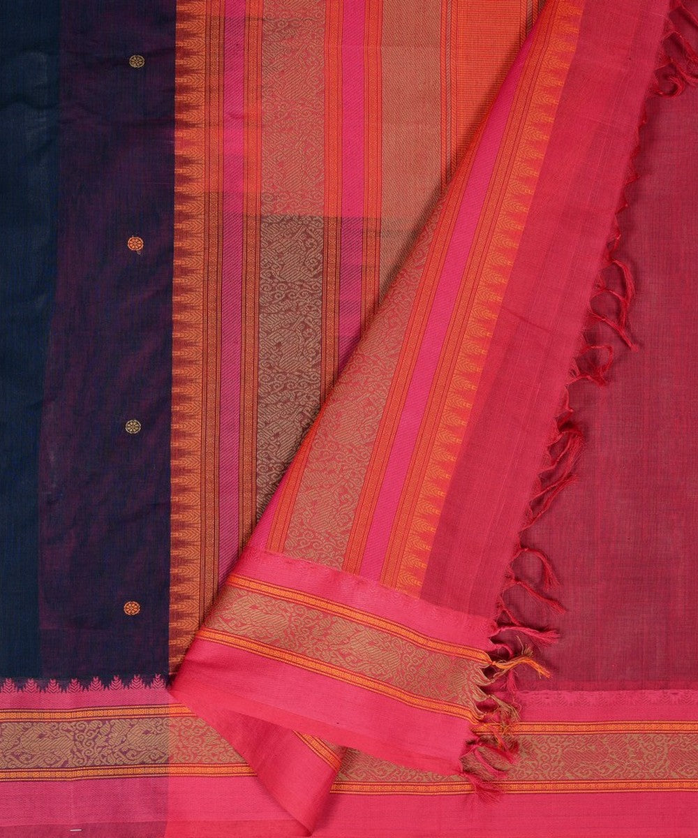 Navy blue pink thread work handwoven cotton kanchi saree