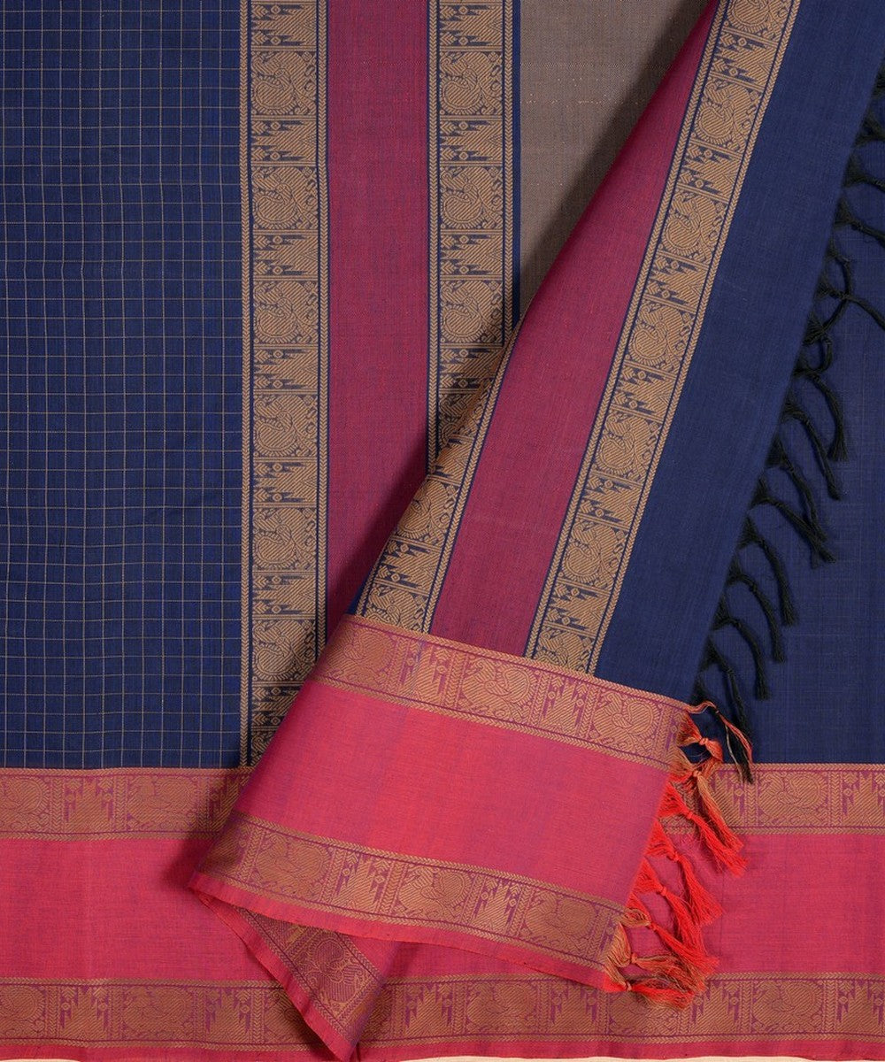 Navy blue line checks thread work handwoven cotton kanchi saree