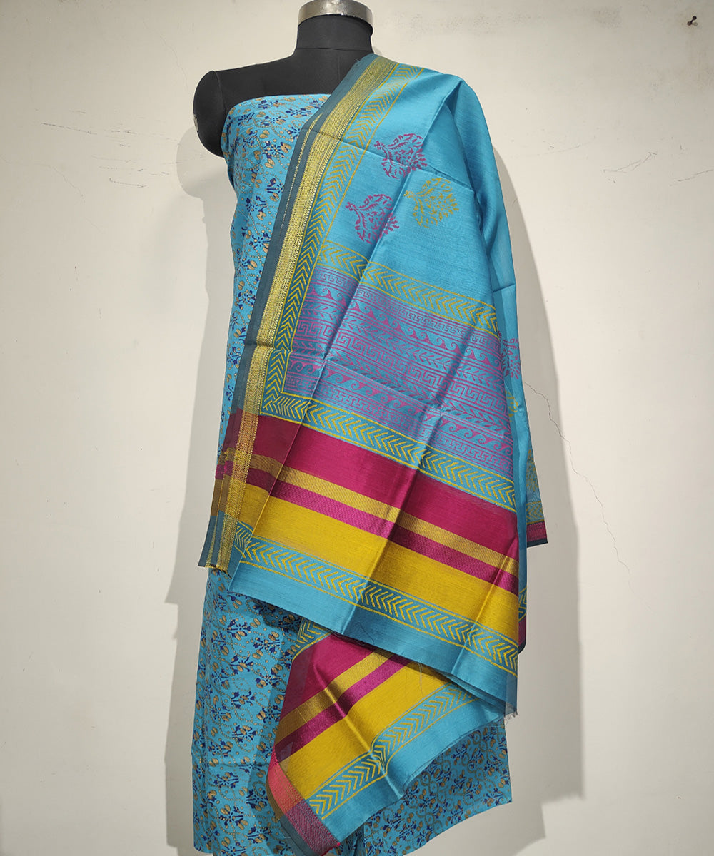 2pc Blue handloom maheshwari block print cotton silk dress material