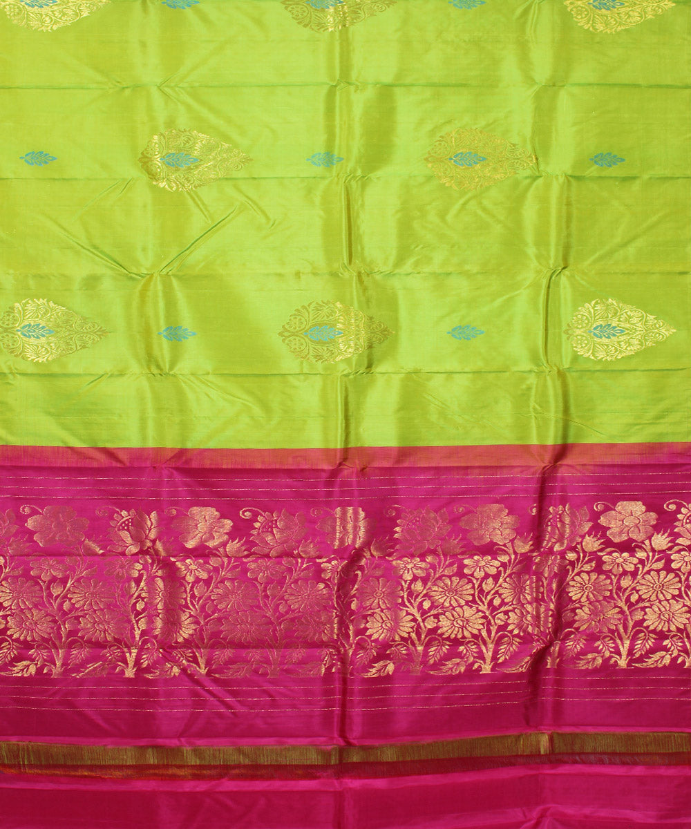 Parrot green pink handwoven karnataka brocade silk saree