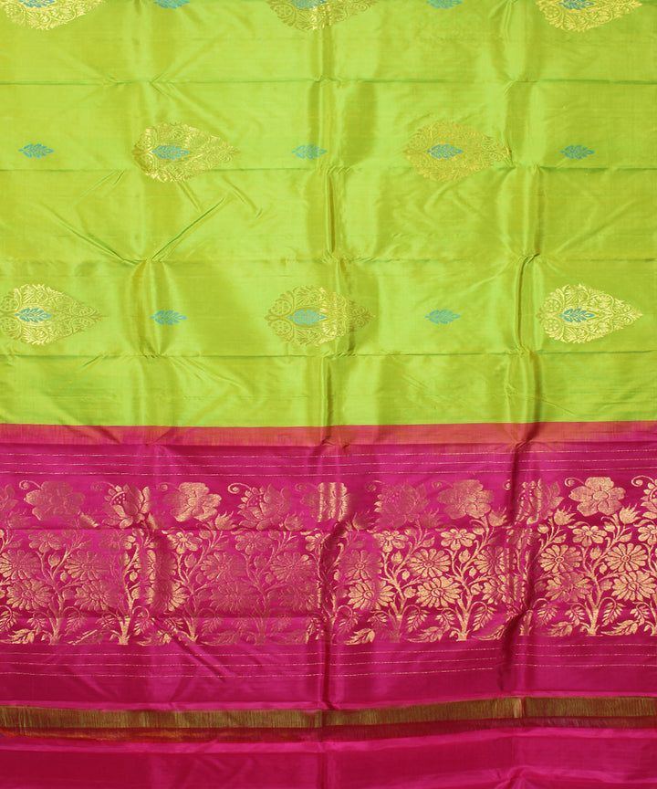 Parrot green pink handwoven karnataka brocade silk saree