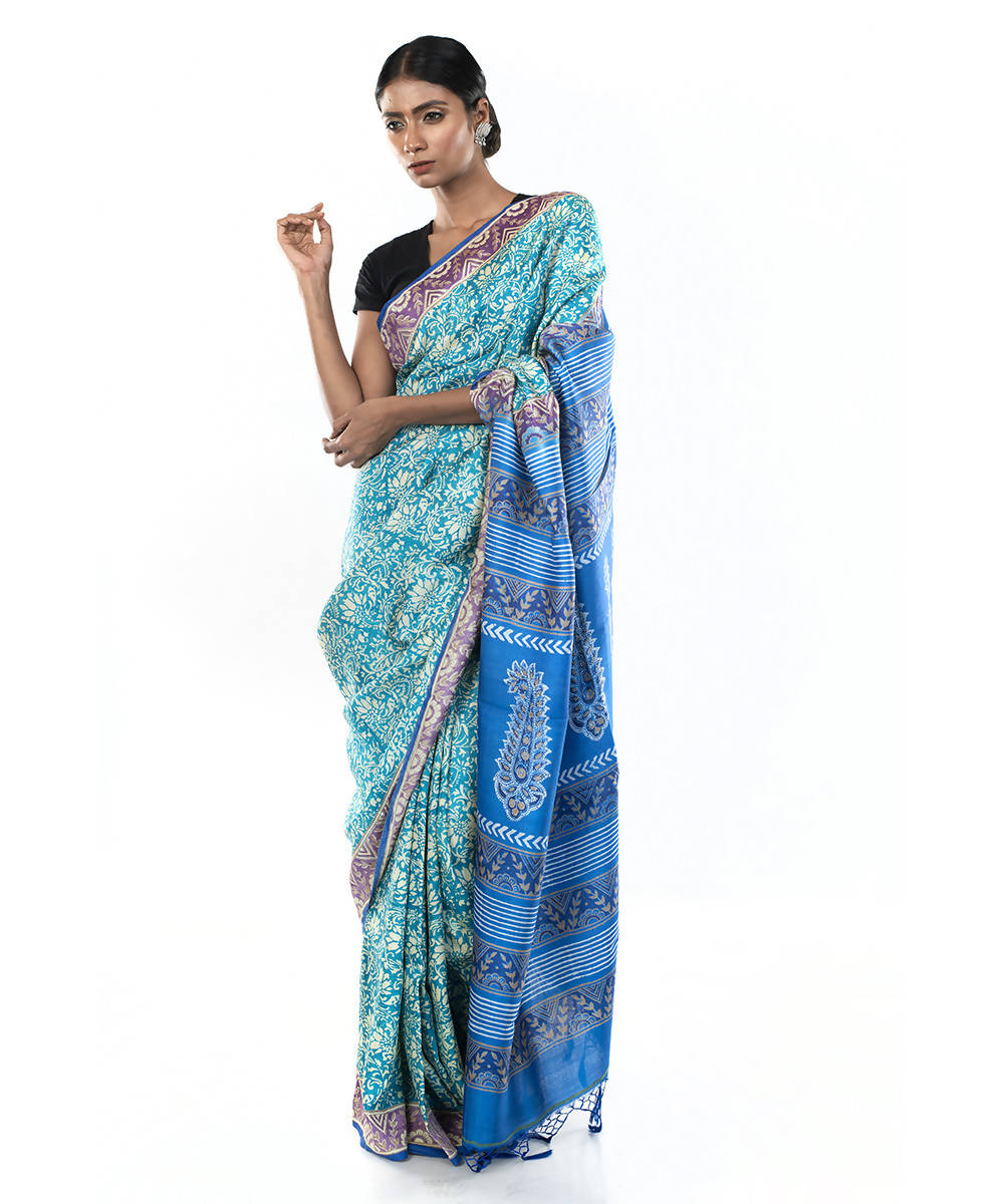 Light green blue hand block print bengal silk saree