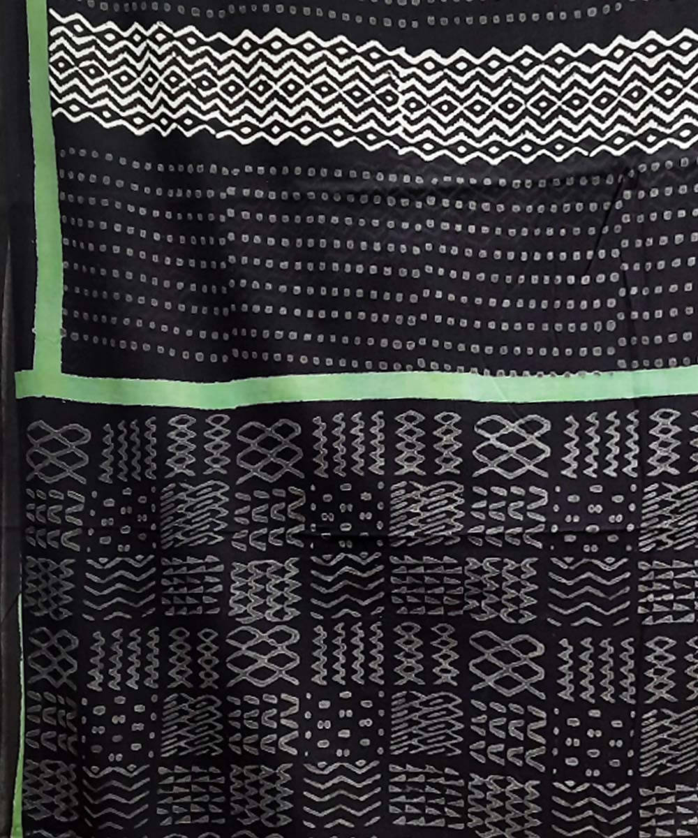 Black lime green hand block print cotton saree