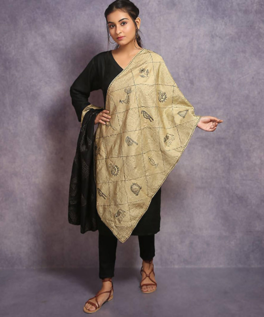Black beige hand embroidery reversible silk stole