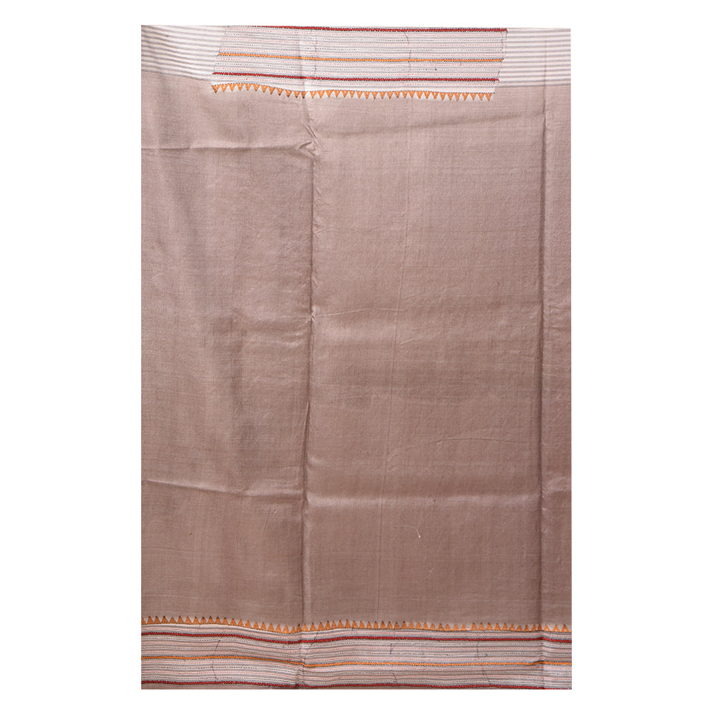 Tussar silk beige hand embroidery bengal kantha stitch saree