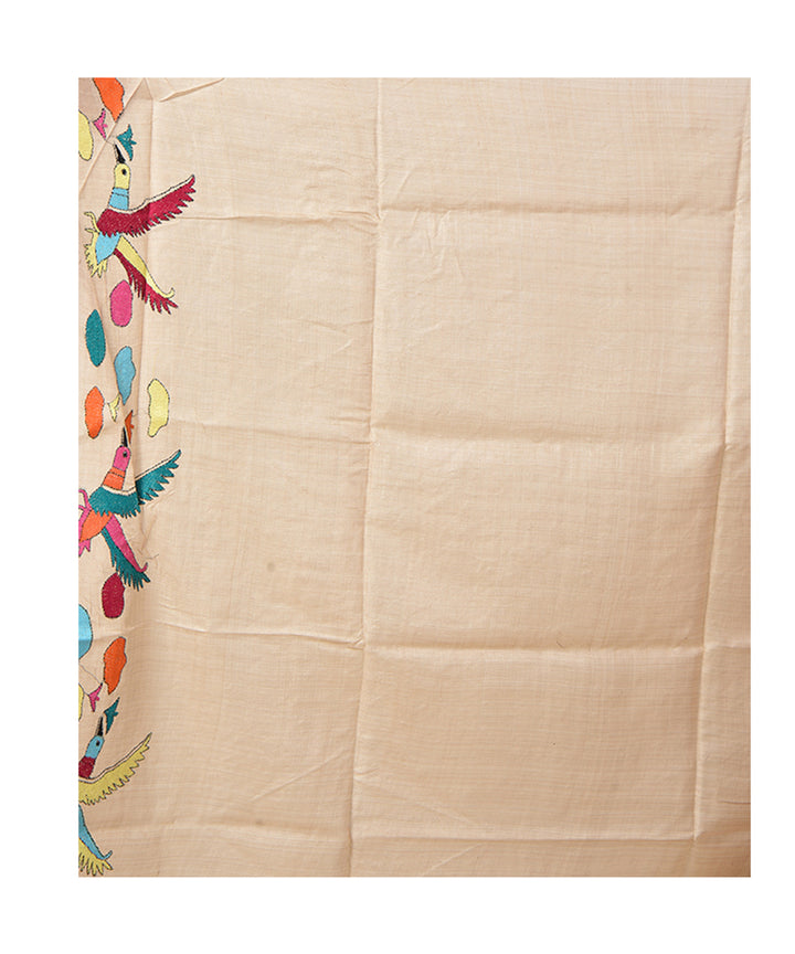 Beige bengal tussar silk hand embroidery kantha stitch saree