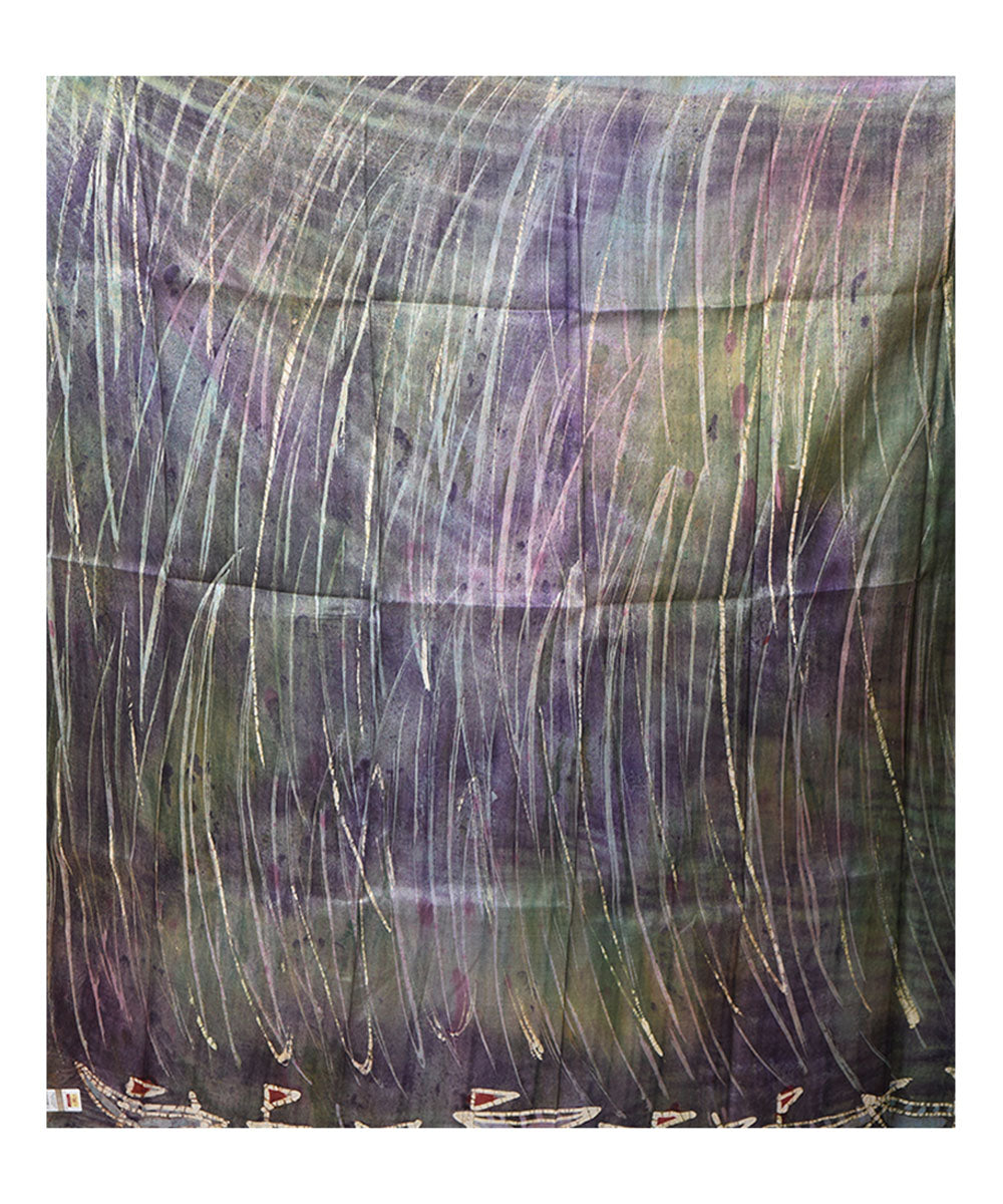 Grey olive green handloom bengal silk batik print saree