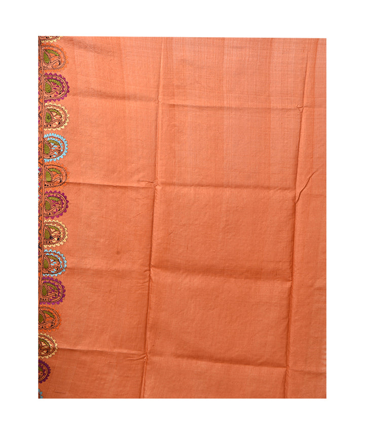 Red orange tussar silk hand embroidery bengal kantha stitch saree