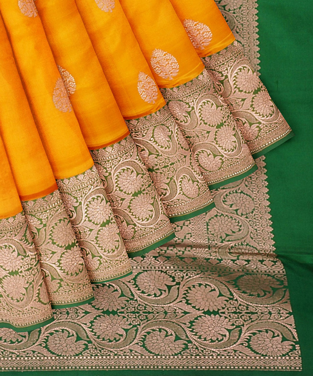 Mustard and bottle green silk handloom banarasi saree