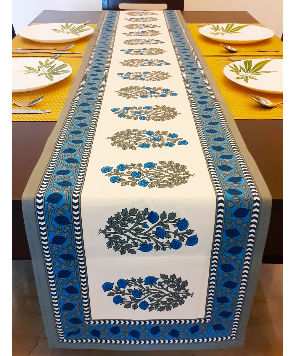 White blue handblock print cotton table runner