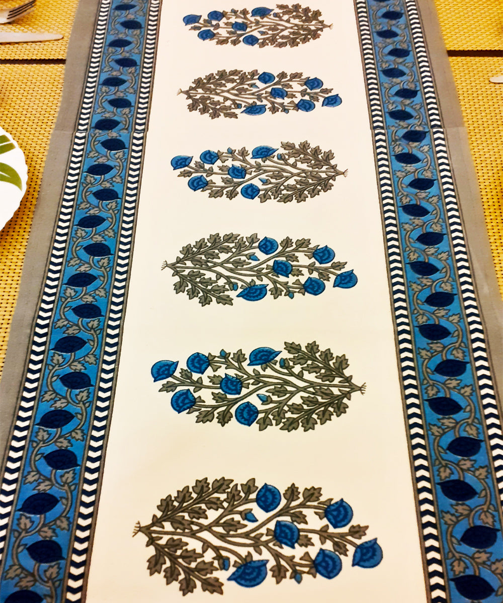 White blue handblock print cotton table runner