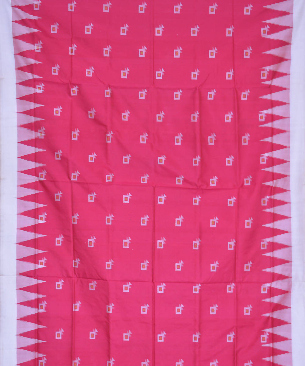 Cornsilk cherry pink handwoven silk bomkai saree